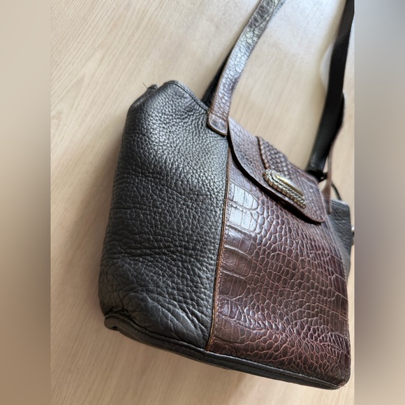 Vtg Brighton Leather Handbag Purse Crossbody Shoulder Bag Black Moc Croc - Picture 3 of 12